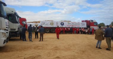 أكبر قافلة من أهالى مطروح لإغاثة أهل غزة 65 شاحنة تحمل 1300 طن سلع.. فيديو 