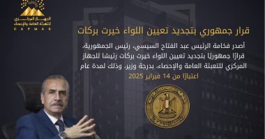 قرار جمهورى بالتجديد للواء خيرت بركات رئيسا للجهاز المركزى للتعبئة العامة والإحصاء