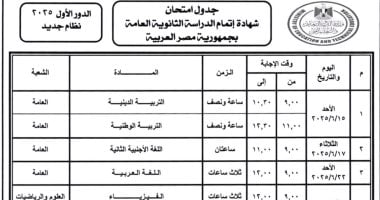 ننشر جدول امتحانات الثانوية العامة 2025 لطلاب النظام الجديد