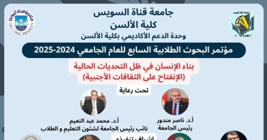 كلية ألسن جامعة القناة تنظم مؤتمرها الطلابى البحثى السابع حول بناء الإنسان غدا اعلان المؤتمر