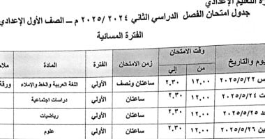 جداول امتحانات الفصل الدراسي الثاني للمرحلة الإعدادية عام ومهنى بالأقصر جدول امتحانات الصف الأول الإعدادي مهنى فترة مسائية