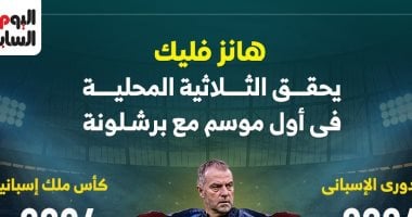إنجازات فليك مع برشلونة فى موسمه الأول بعد التتويج بالثلاثية.. إنفوجراف إنجازات هانز فليك