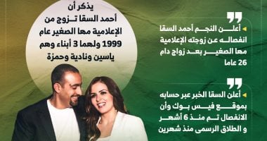 أحمد السقا يفجر مفاجأة بشأن انفصاله عن مها الصغير بعد 26 سنة زواج.. إنفوجراف انفصال السقا ومها الصغير