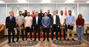 وزير الرياضة يستقبل بعثة الرياضيين العائدين من ليبيا بمقر الوزارة وزير الرياضة والعائدون من ليبيا