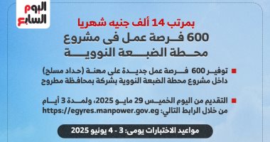 600 فرصة عمل لحداد مسلح فى مشروع الضبعة النووى براتب 14 ألف جنيه.. إنفوجراف إنفوجراف
