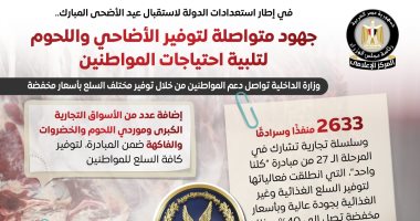 استعدادات الدولة لعيد الأضحى.. مجلس الوزراء: جهود متكاملة لتوفير الأضاحي واللحوم بأسعار مناسبة.. "كلنا واحد" تطلق 2600 منفذ وسرادق بتخفيضات 40%.. ومشروع "صكوك الأضاحي" يضمن توزيع اللحوم بنسبة 100% للمستحقين المركز الإعلامي لمجلس الوزراء