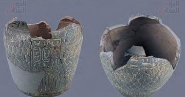 فخار أزرق لتخزين الغذاء بألوان زاهية بالمدينة الجديدة المكتشفة بالكرنك.. صور فخارة معروضة في متحف اللوفر تعود للعصر ألملك امنحتب الثالث وتشبه الفخار المكتشف