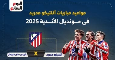 مواعيد مباريات أتلتيكو مدريد فى مونديال الأندية 2025.. إنفوجراف انفوجراف.. مواعيد مباريات أتلتيكو مدريد