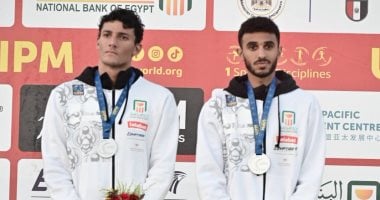 مصطفى أبو عامر ومازن شعبان يتوجان بفضية الناشئين ببطولة العالم للتتابعات للخماسي الحديث مصطفى أبو عامر ومازن شعبان