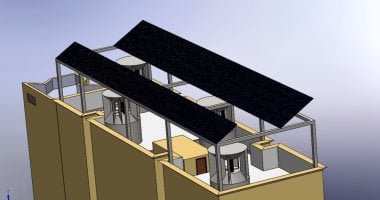 طلاب هندسة الإسكندرية يبتكرون أنظمة توربينات لإنتاج الكهرباء باستخدام طاقة الرياح لتلبية احتياجات المبانى الشاهقة.. الطلاب: النظام يغطى نسبة 60% من استهلاك المبنى من مصادر متجددة.. والمشرفون يشيدون بالمشروع ماكيت للمشروع