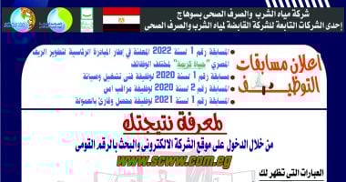 مياه الشرب بسوهاج تعلن أسماء المقبولين بمسابقات التوظيف إعلان أسماء المقبولين بمسابقات التوظيف