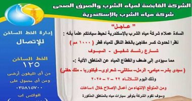 انقطاع المياه عن 7 مناطق شرق الإسكندرية بسبب كسر مفاجئ فى خط رئيسى