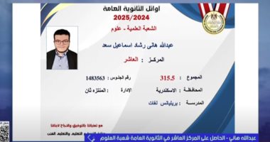 عبد الله هانى العاشر على شعبة العلوم: ”توفيق الله سر التفوق” - اليوم السابع