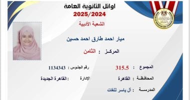 ميار الثامنة فى الثانوية العامة أدبى: بكيت من الفرحة وهدفى الالتحاق بكلية الآداب ميار الثامنة على الجمهورية فى الثانوية العامة أدبى
