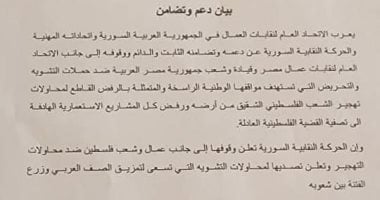 اتحاد نقابات عمال سوريا: ندعم مصر فى رفضها تهجير الفلسطينيين ونثمن مواقفها القومية اتحاد نقابات عمال سوريا