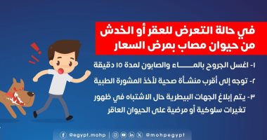 السعار قاتل.. وزارة الصحة تصدر دليل الإسعافات الأولية عند عقر الحيوانات رسالة هامة حال العقر من حيوان مصاب بالسعار