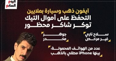 أيفون ذهب وسيارة وساعة بفصوص ألماس.. التحفظ على أموال شاكر محظور.. إنفوجراف شاكر محظور