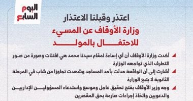 وزارة الأوقاف عن المسيء للاحتفال بالمولد: اعتذر وقبلنا الاعتذار.. إنفوجراف الإنفوجراف
