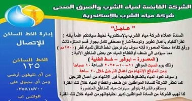 لمدة 20 ساعة.. انقطاع المياه بالمعمورة وأبوقير بالإسكندرية بسبب ترحيل خط رئيسى غدا