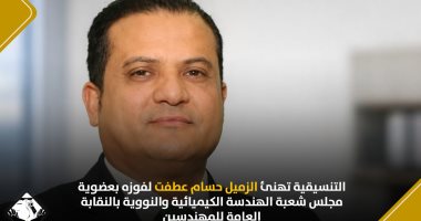 التنسيقية تهنئ حسام عطفت لفوزه بعضوية مجلس شعبة الهندسة الكيميائية والنووية