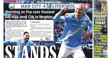 مان سيتي ضد ليفربول.. صحف إنجلترا: هالاند يتألق فى يوم حزين لـ محمد صلاح