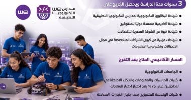 مجلس الوزراء: مدارس WE المشتركة للتكنولوجيا التطبيقية أول مدارس حكومية ذكية متخصصة فى الاتصالات وتكنولوجيا المعلومات.. تدريب عملي داخل معامل وورش مجهزة.. شهادات معتمدة ومسارات أكاديمية ومهنية متنوعة ل