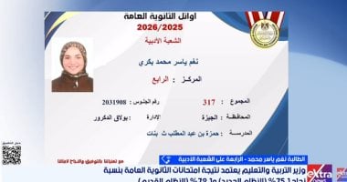 "نغم" الرابعة أدبى.. كلية الألسن حلمها الأكاديمى والمذاكرة أول بأول سر التفوق