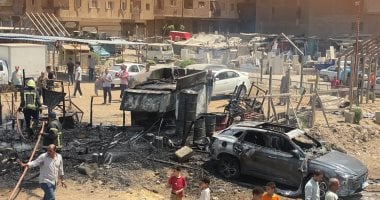 تفحم 4 سيارات ملاكى ونقل فى حريق جراج أسفل الطريق الدائرى.. صور