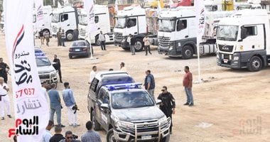اصطفاف شاحنات المساعدات.. صندوق تحيا مصر يطلق قافلة إغاثية جديدة إلى غزة