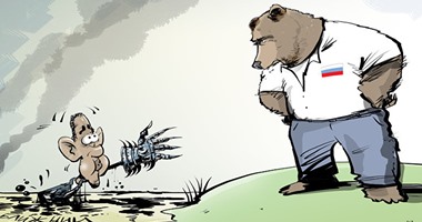 كاريكاتير روسى.. أوباما يغرق فى الشرق الأوسط ويطلب مساعدة الدب