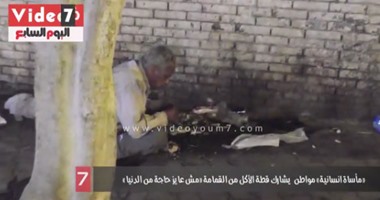 بالفيديو.. مشاهد صادمة لمواطن يشارك قطة الأكل من القمامة فى وسط البلد