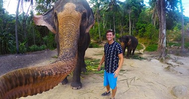 فيل يستخدم خرطومه لالتقاط صورة "سيلفى" مع سائح فى تايلاند