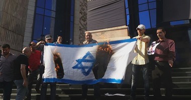 بالصور.. متظاهرون يحرقون علم إسرائيل على سلالم "الصحفيين" احتجاجا على زيارة سامح شكرى