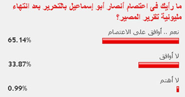 65% من القراء يؤيدون اعتصام أنصار أبو إسماعيل بالتحرير