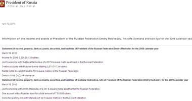 120 ألف دولار دخْل الرئيس الروسى عام 2009