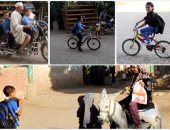 حمار  وموتوسيكل ودراجة.. وسيلة انتقال الطلاب فى ريف مصر 