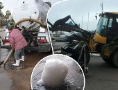 صور.. حصاد الطقس السيئ بالإسكندرية.. أمطار ثلجية بالساحل الشمالى.. و الرياح تتسبب فى سقوط حاوية على 4 سيارات بالميناء.. إونهيار جزئى بعقار.. وسقوط لافتة إعلانية و 3 خزانات مياه وكابل كهرباء دون إصابات