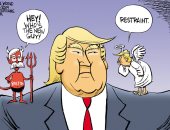 ملاك وشيطان.. ماذا يدور فى عقل ترامب حول إيران؟ كاريكاتير USA Today يجيب