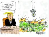 كاريكاتير ذا ويك.. الرئيس الأمريكى يطفئ حرائق الأمازون بقنبلة نووية