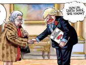 ملكة بريطانيا تسخر من زيف خطة حزب جونسون فى كاريكاتير "تايمز"