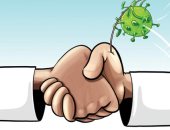 كاريكاتير صحيفة سعودية .. انتقال عدوى فيروس كورونا عبر المصافحة بالأيدى  