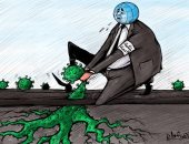 كاريكاتير صحيفة إماراتية.. الصحة العالمية تحاول اقتلاع فيروس كورونا 