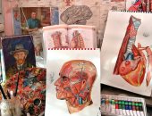 "أشرف" يشارك بلوحات فنية من الرسم الطبى تعبر عن موهبته الفنية