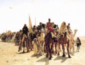 100 لوحة عالمية.. "حجاج فى طريقهم إلى مكة" الحجيج يستقلون سفينة الصحراء قديما
