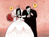كاريكاتير إماراتى يظهر انشغال الناس بالسوشيال حتى عروسان ليلة زفافهما  