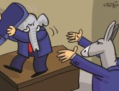 الفيل والحمار يتصارعان على كرسى حكم الولايات المتحدة فى كاريكاتير إماراتى