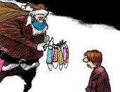 بابا نويل يوزع كمامات بدلا من الهدايا فى رأس السنة فى كاريكاتير لصحيفة الشرق الأوسط