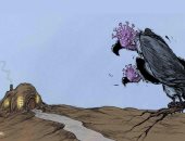 "كورونا" كالغربان تنتظر الناس خارج المنزل للانقضاض عليها فى كاريكاتير