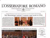 زيارة البابا تواضروس تتصدر عناوين الصحيفة الرسمية للڤاتيكان