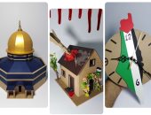 محمود نفذ مجسم لمسجد قبة الصخرة وساعة خريطة فلسطين بعلب الكارتون